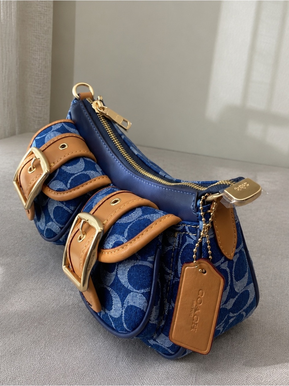 Coach Denim Signature Jacquard Shoulder Bag with Tan Leather Trim - Picture 2 of 4